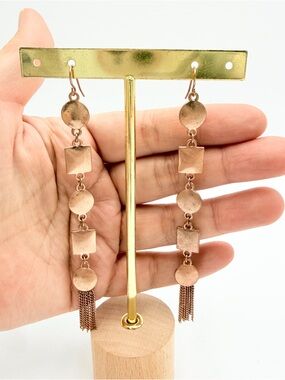 Vintage Rose Gold Tone Geometric Dangle Earrings Chain Fringe Drop
